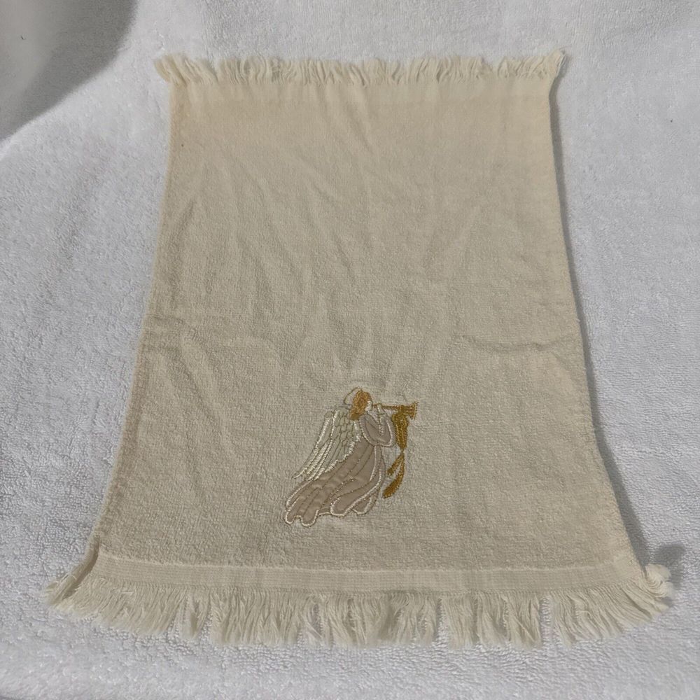 Vintage Hand Embroidered Tea Fingertip Towel Trumpeting‎ Angel